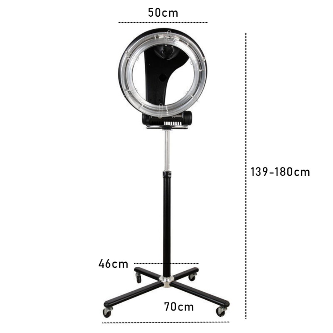 Standing Hair Dryer Accelerator Colour 360 Rotating Halo Rolling Salon EquipmentStanding Hair Dryer Accelerator Colour 360 Rotating Halo Rolling Adjustable Height 110-165cm Salon Equipment 2 2m Cord
