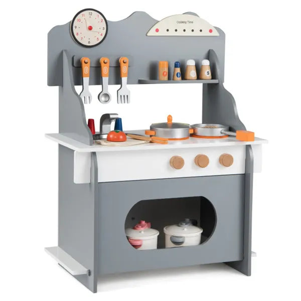 Gray Wooden Toddler Play Kitchen With Sink & Accessories, Safe Gift For Kids 3+