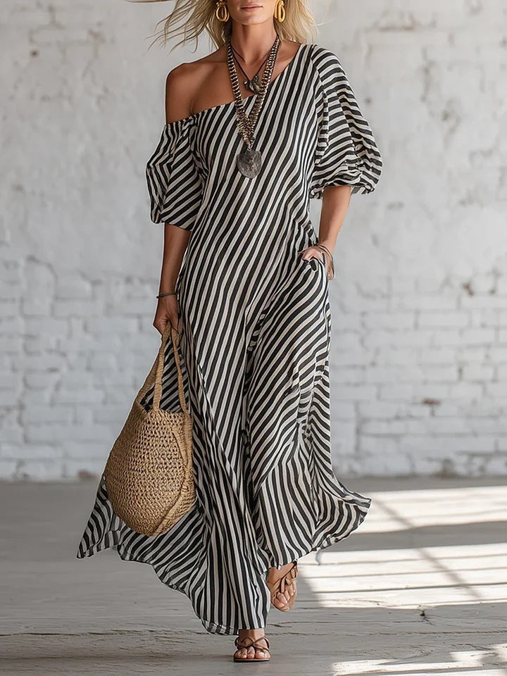 European And American Cross-border Amazon Independent Site Women's Fashion Spring Elegant Striped Off-shoulder Dress