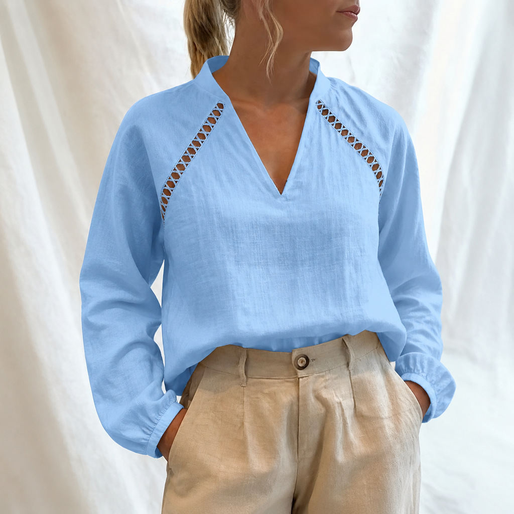 French-style V-neck Cotton-linen Blouse For Work And The Office