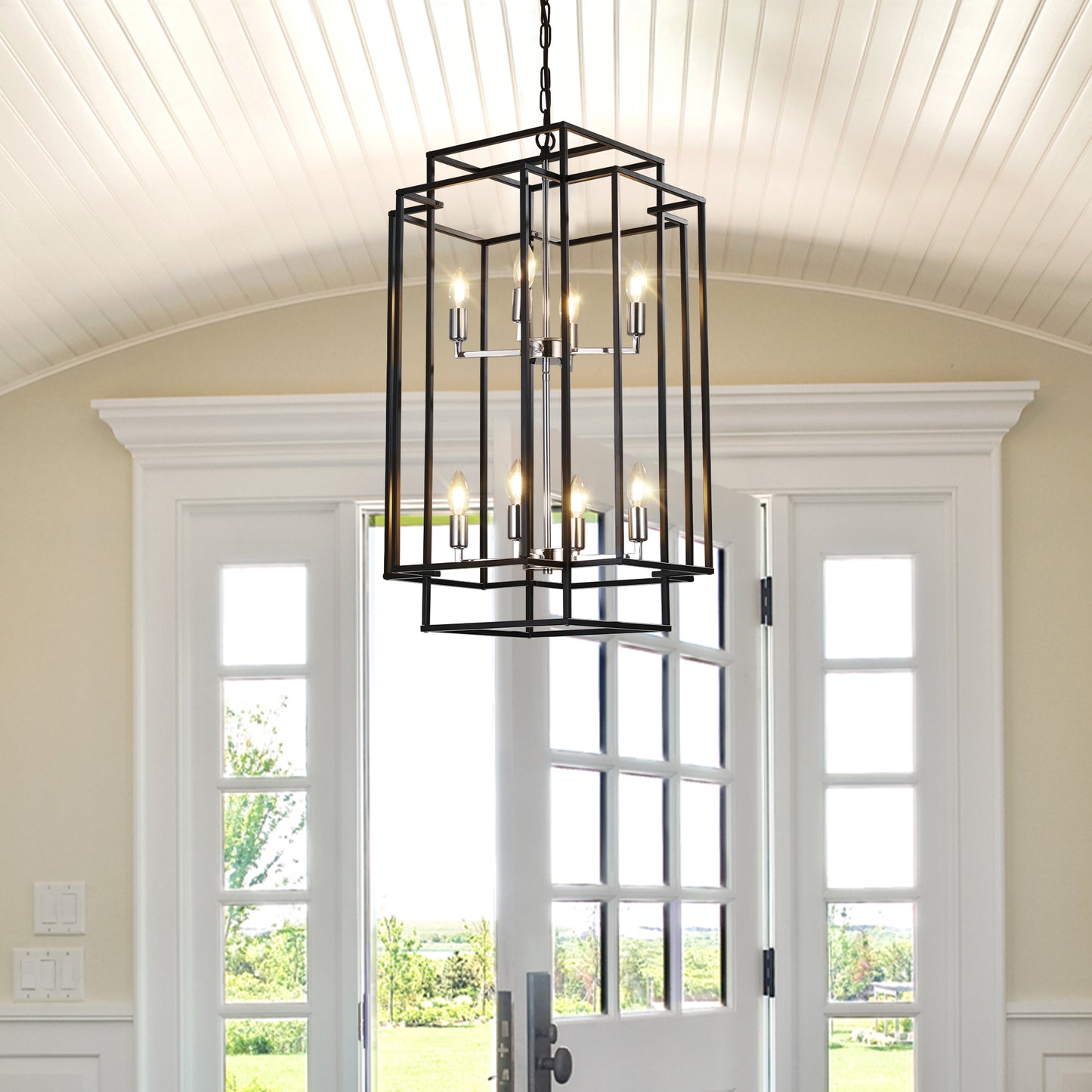 18 Modern 8-Light Black & Chrome Geometric Pendant Chandelier, Industrial Metal Frame, Adjustable Hanging Light For Living Room, Dining Room, Kitchen No Bulbs