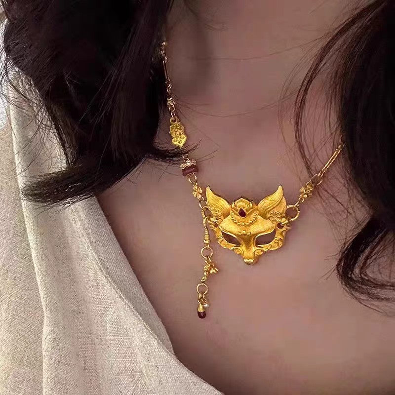 1pc 999 Sterling Silver Fox Mask Red Agate Necklace, Retro Chinese Style, Perfect For Daily Wear And Valentine's Gift