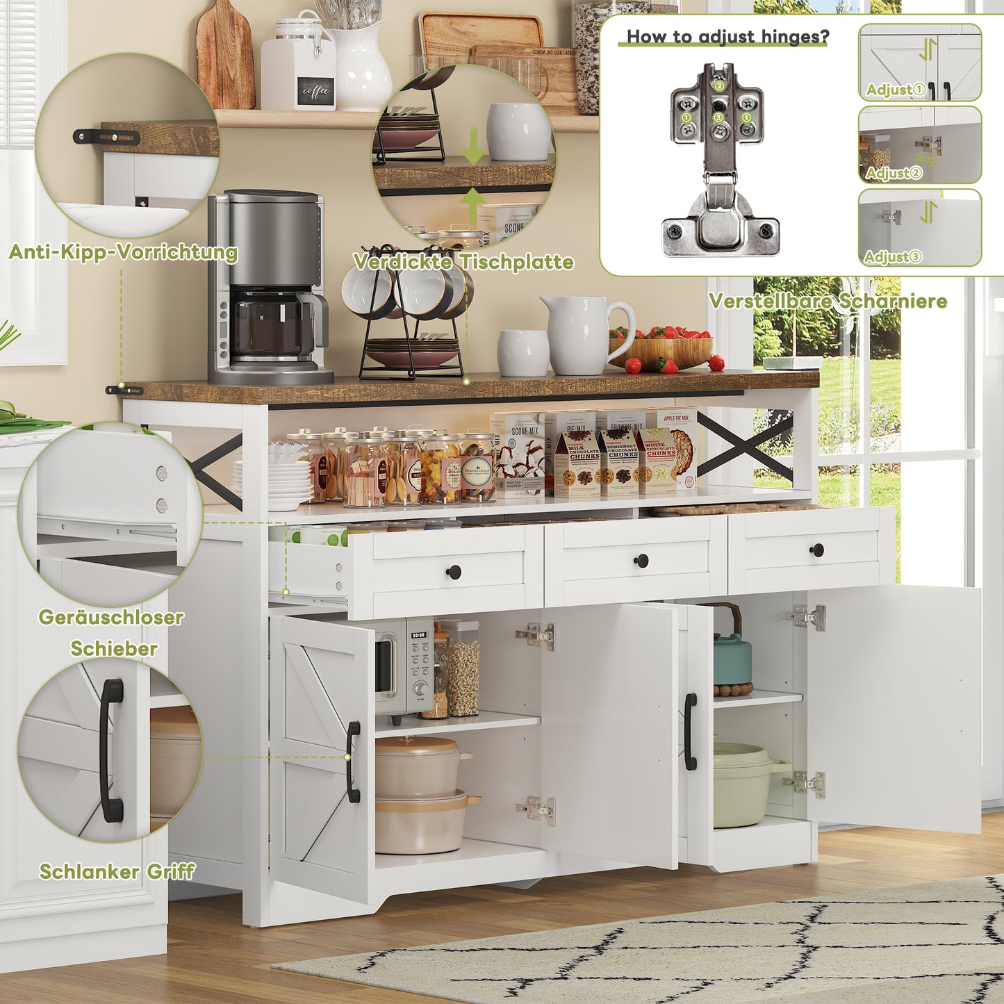 Buffet Sideboard 140cm With Storage Space, Coffee Bar With 3 Drawers, Console In Country Style With Doors, Cabinets With Shelves, Suitable For Kitchen, Living Room, Hallway, Rustic Style White Brown