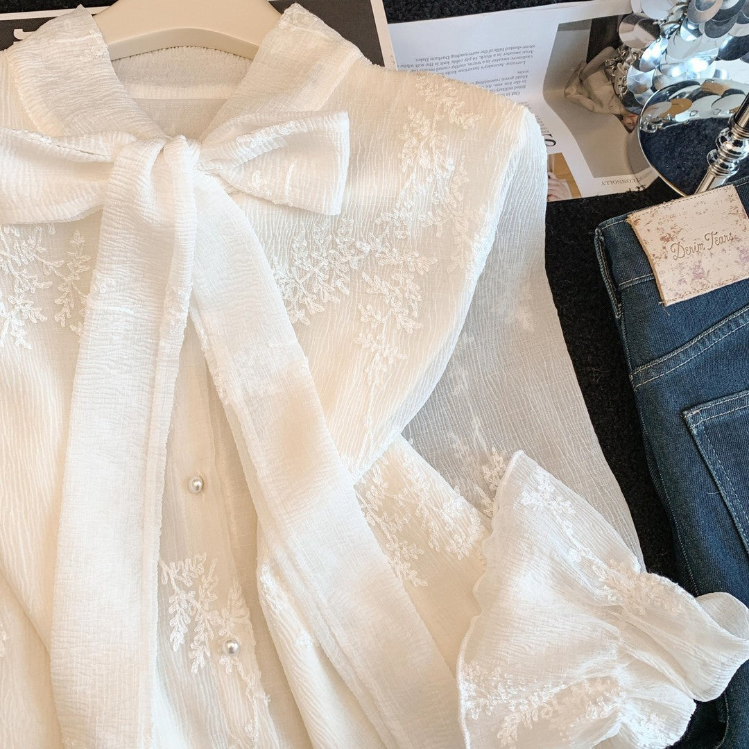Womens Fashion Lace Jacquard Blouse With Tied Laces