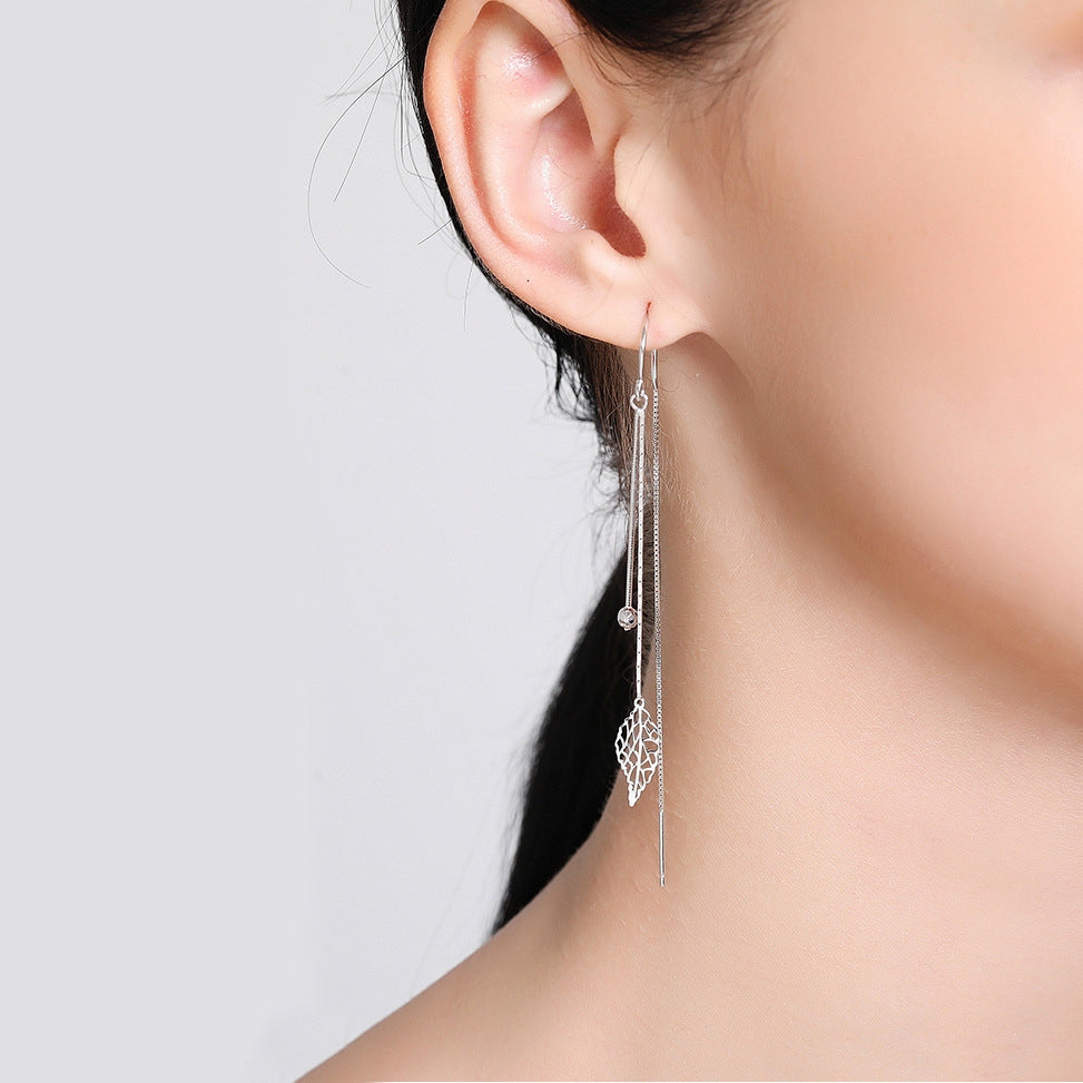 1 Pair 999 Sterling Silver Hollow Leaf Long Tassel Threader Earrings, Minimalist & Elegant, Perfect For Daily, Dating & Business, Ideal Valentine's Gift