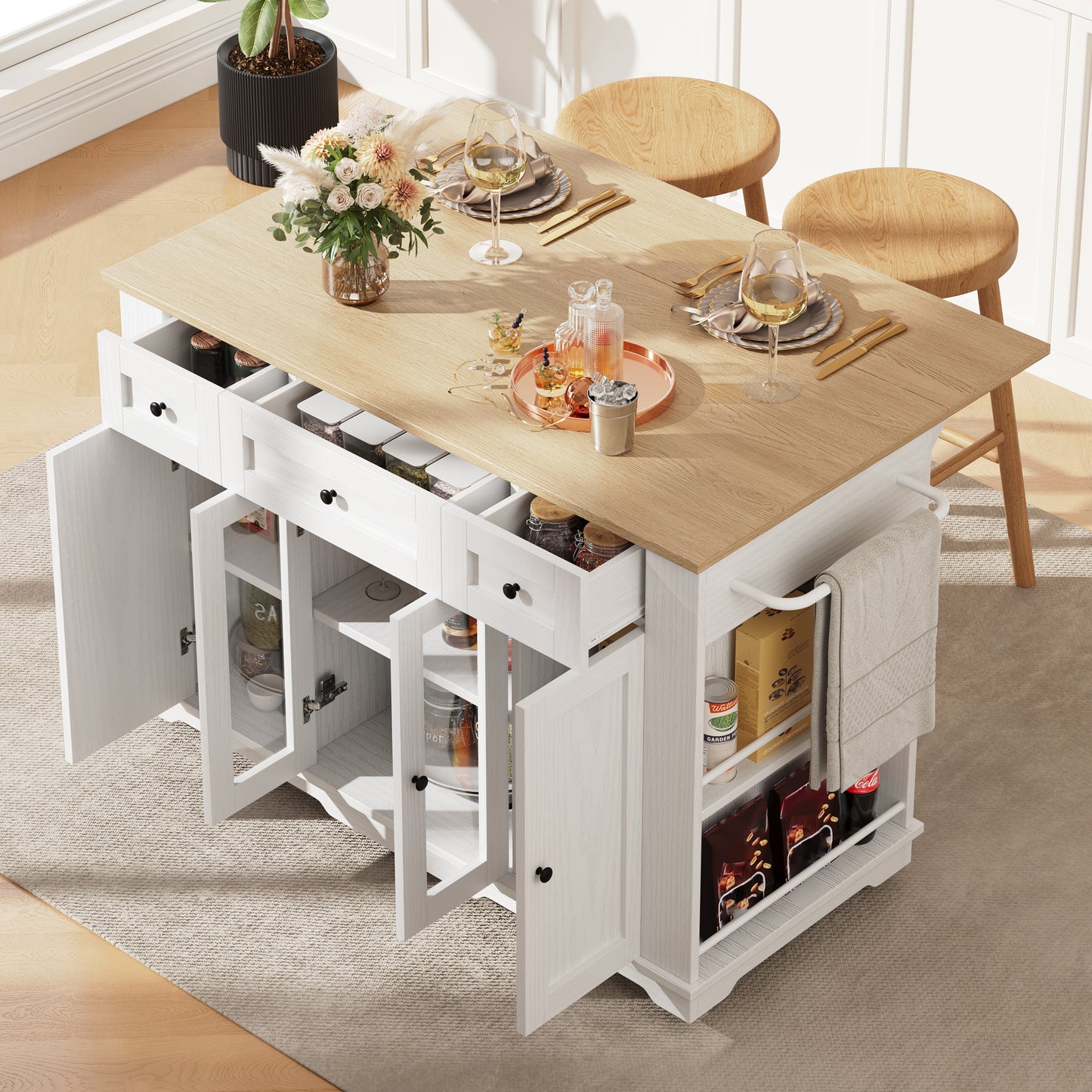 Kitchen Island,  151.5x60x91.7cm Removable Partitions, Kitchen Cabinet, Dining Trolley With Worktop, Sideboard, Dining Trolley With Wood Grain Finish, Sideboard, Tempered Glass Cabinet, White Black