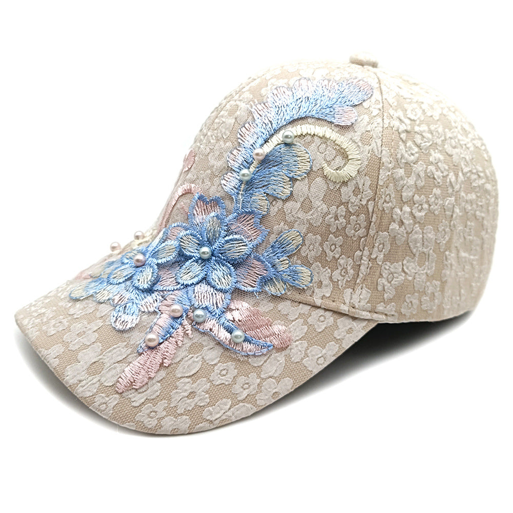 New Women's Breathable Lace Mesh Fabric With Exquisite Floral Embroidery In A Sweet Style, Featuring Beaded Baseball Cap For Outdoor Wear