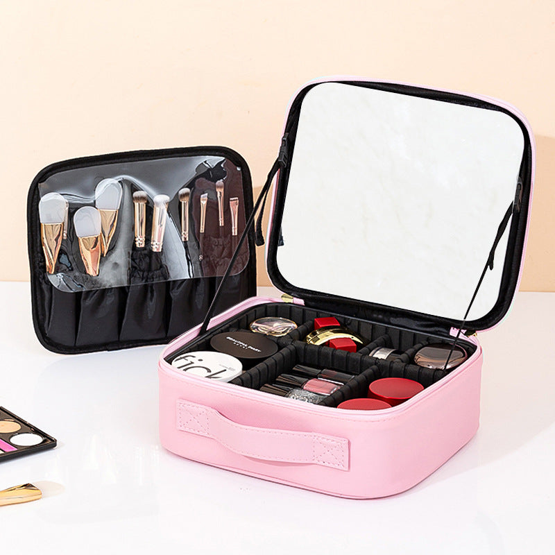 Makeup Bag With Mirror And Light Rechargeable PU Leather Travel Storage Box