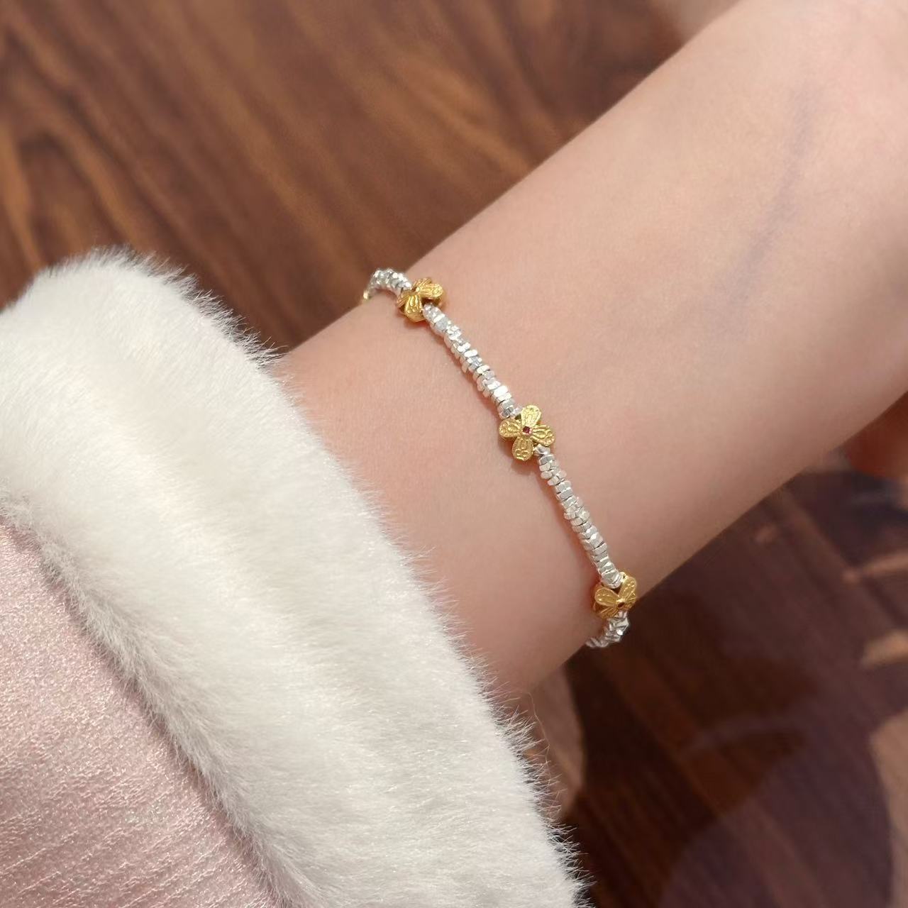 1pc 999 Sterling Silver Gold Flower Charm Bracelet, Chinese Style, Perfect For Daily Wear And Valentine's Gift