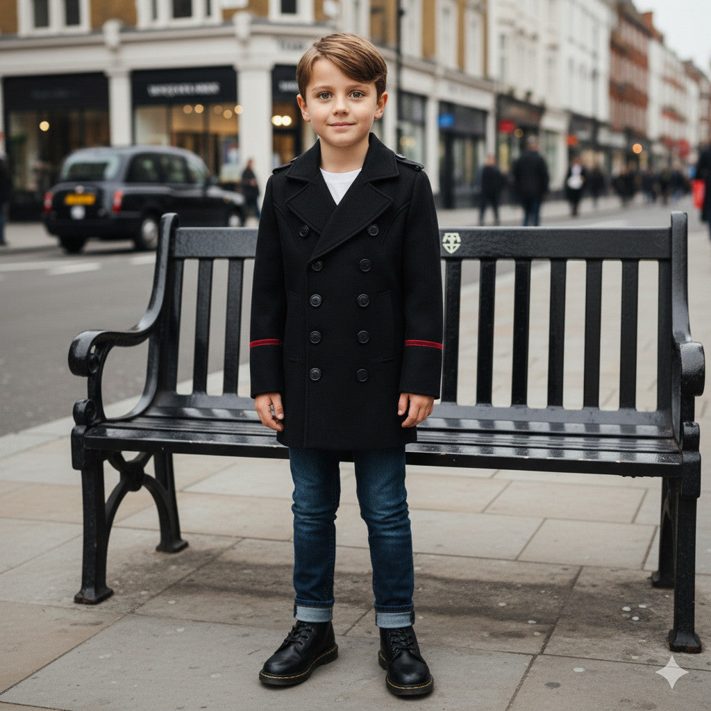 Boys Black Smart Casual Cashmere Coat Green Military Style Woolen Jacket  3-9Y