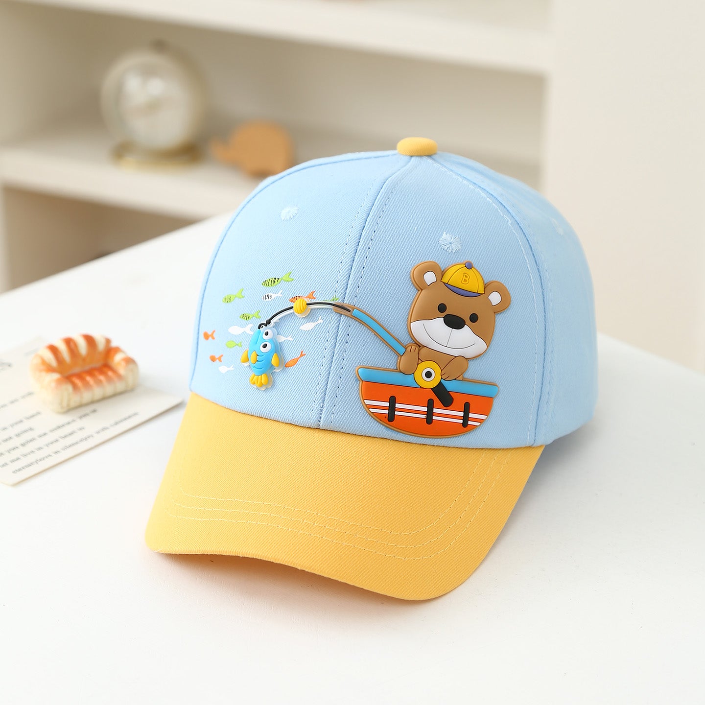 Summer Children's Cartoon Fishing Teddy Bear Patchwork Baby Baseball Cap Suitable For Outdoor Sun Protection And Shade, Ideal For Daily Shopping And Outings.