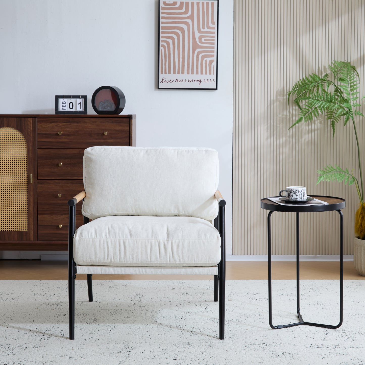 27.56  Modern Accent Chair With Plush Cushions, Minimalist Metal Frame, And Wooden Armrest Design -Perfect For Cozy Living Room, Bedroom, Or Office Seating