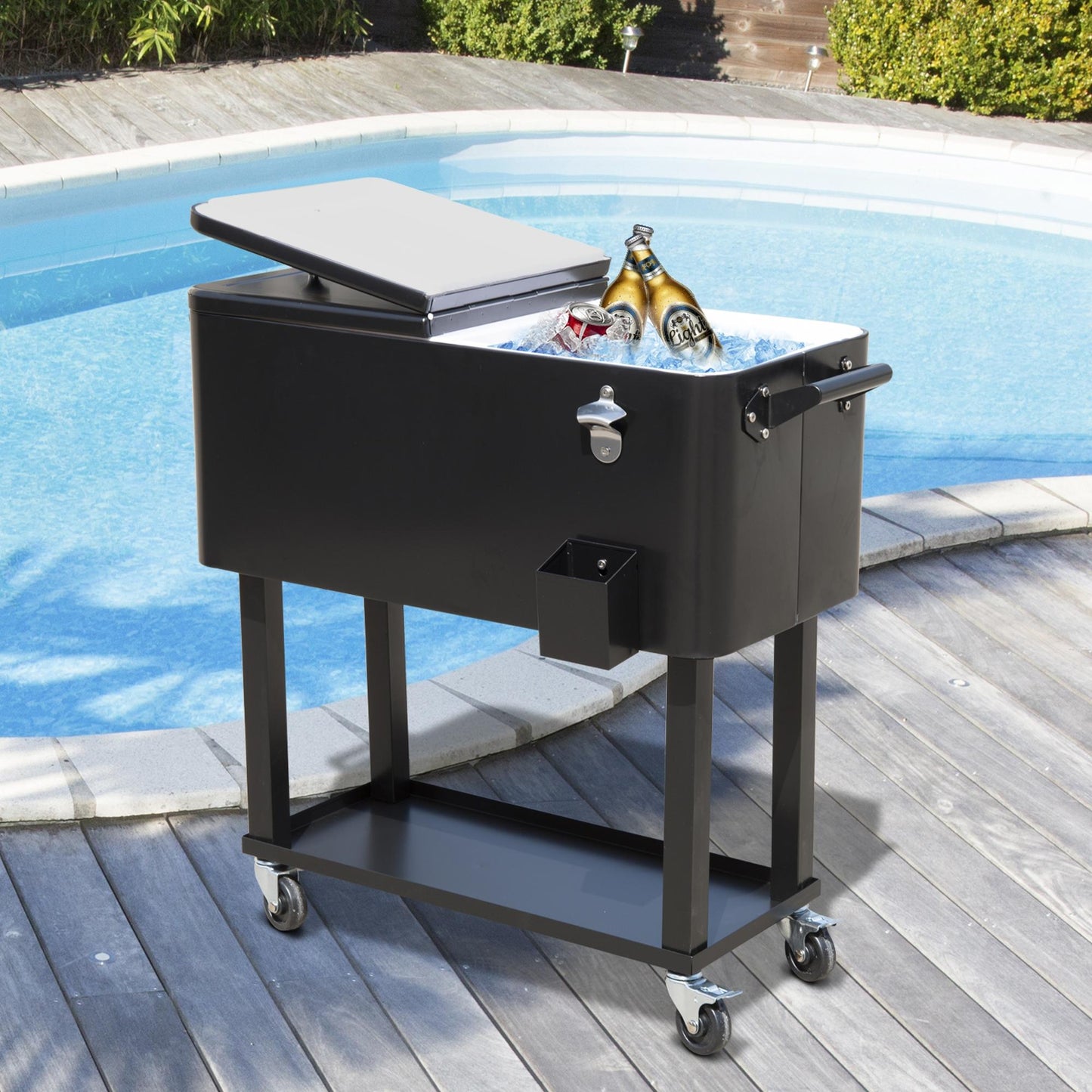 80 QT Rolling Cooling Bins Ice Chest On Wheels Outdoor Stand Up Drink Cooler Cart For Party, Black