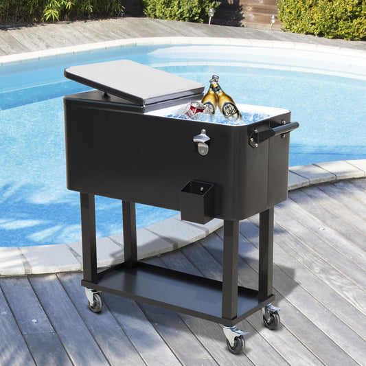 80 QT Rolling Cooling Bins Ice Chest On Wheels Outdoor Stand Up Drink Cooler Cart For Party, Black