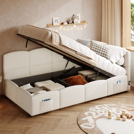 Upholstered Sofa Bed 90 X 190 Cm, 3-ft Single Daybed, Children's Bed, Single Sofa Bed With Slatted Frame, Hydraulic Storage, USB Charging, Boucle, Beige Without Mattress