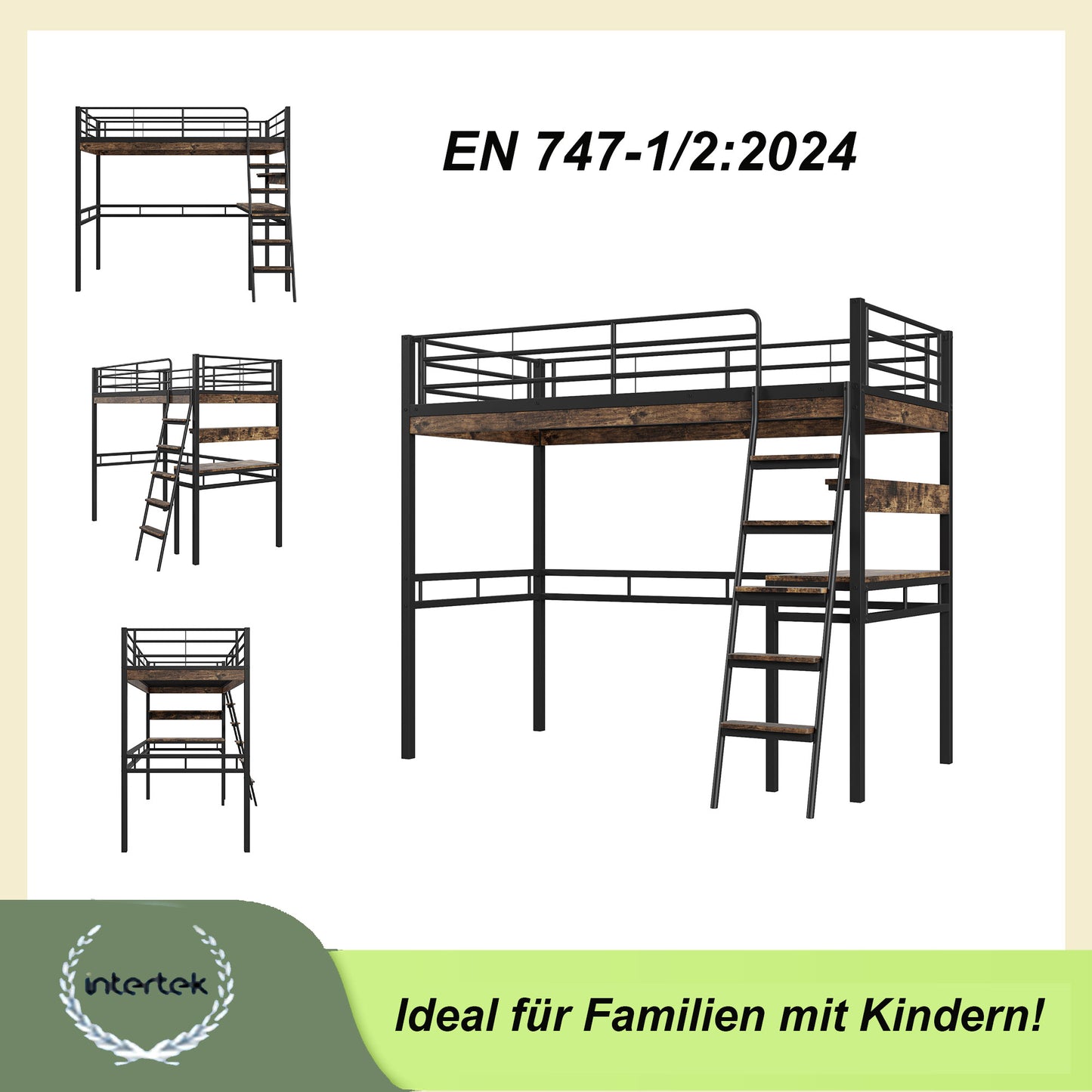 Loft Bed, 90X200cm , Without Mattress, Bed With Desk, Shelves, Railings, Ladder, Iron Frame, Black