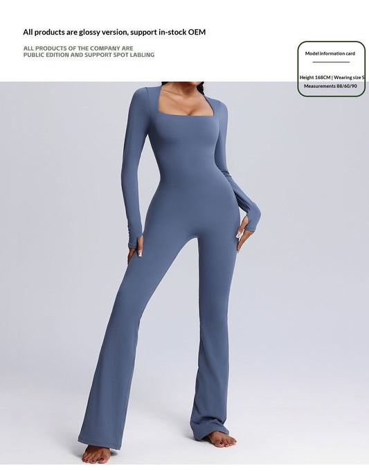Oasis European And American Horn Siamese Yoga Clothing Autumn And Winter Long Sleeve Square Collar Siamese Fitness Clothing Women's Stretch Tight Sportswear