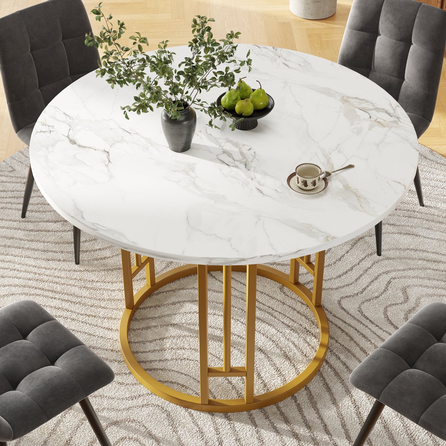 Round Dining Table 80x80x76cm, Kitchen Dining Table, Round Coffee Table For 4 People, Suitable For Dining Room, Living Room, Stylish Metal Table Legs, MDF Marble Table Top, Gold