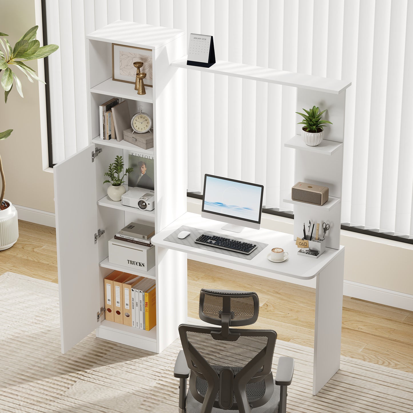 Office Desk, With Cabinet And Storage Shelf, Modern Office Design, 123,5 X 45 X 168,5 Cm, White