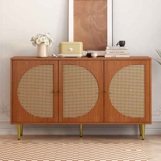 Sideboard With 3 Rattan Decorated Doors Chest Of Drawers Highboard With Metal Handles, For Bedroom & Living Rooms & Office, Walnut 129.8x 40x 76cm