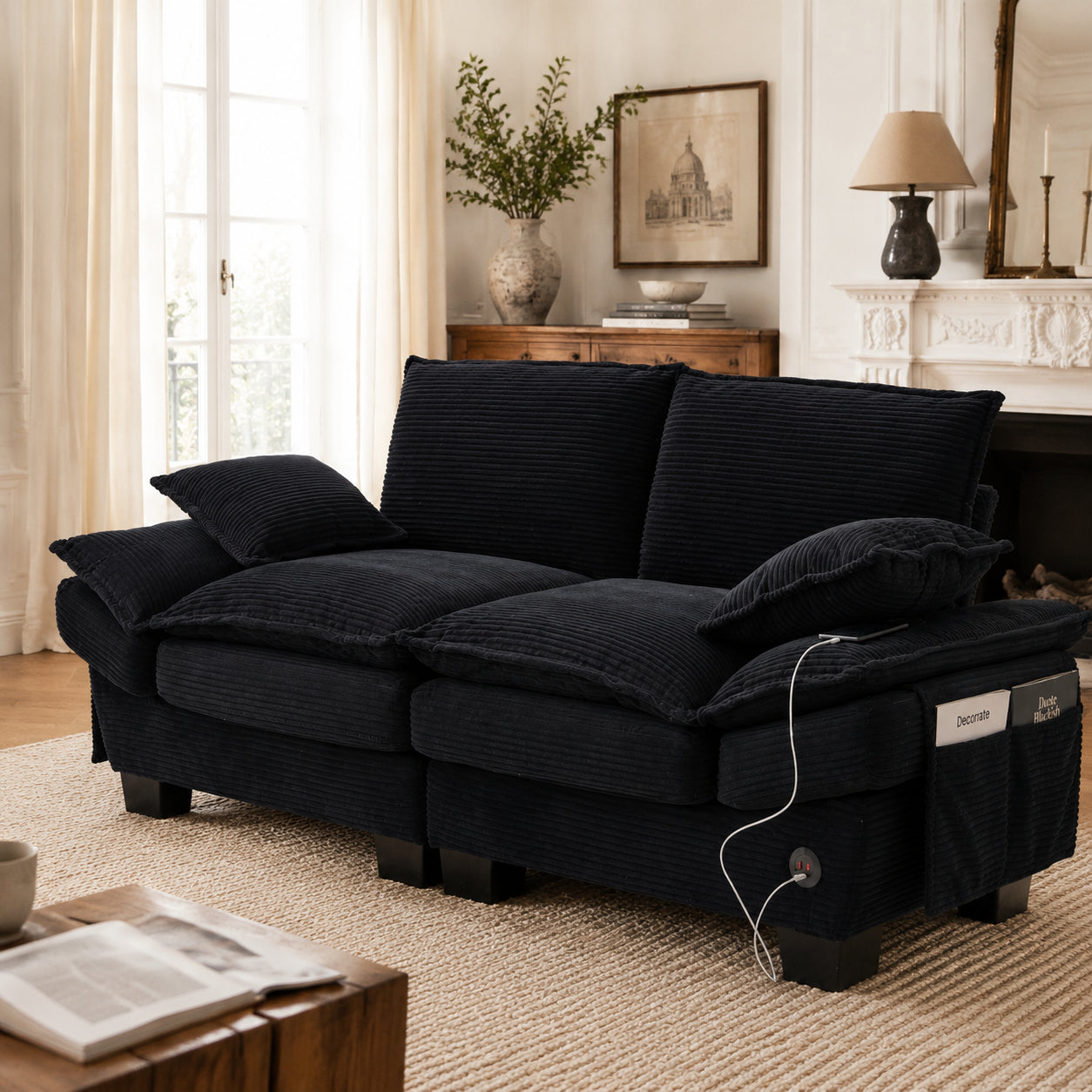 Modular Sofa For 2 People With Wide Seat Surface, Ergonomic Design, High-density Foam Cushioning, USB-C Port And Side Pockets. Ideal For Living Room, Office Or Lounge. Black