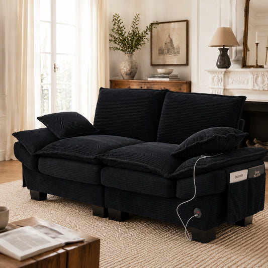 Modular Sofa For 2 People With Wide Seat Surface, Ergonomic Design, High-density Foam Cushioning, USB-C Port And Side Pockets. Ideal For Living Room, Office Or Lounge. Black