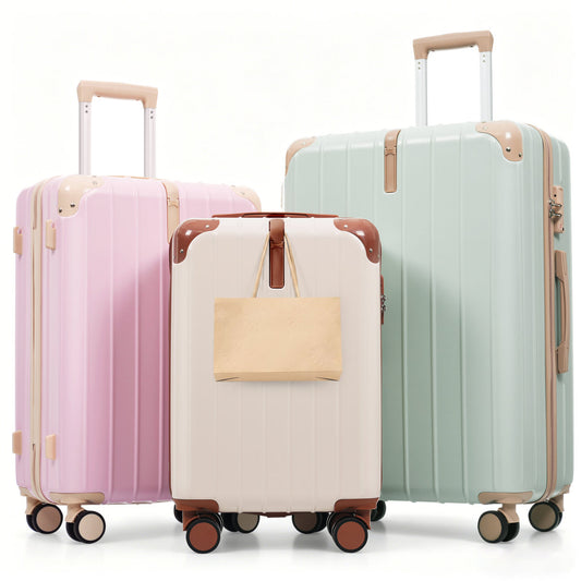 Premium ABS Travel Luggage Set , 3-Piece TSA Lock Suitcase Ensemble with 20, 24, and 28 Inch Sizes with 360° Spinner Wheels, Macaron