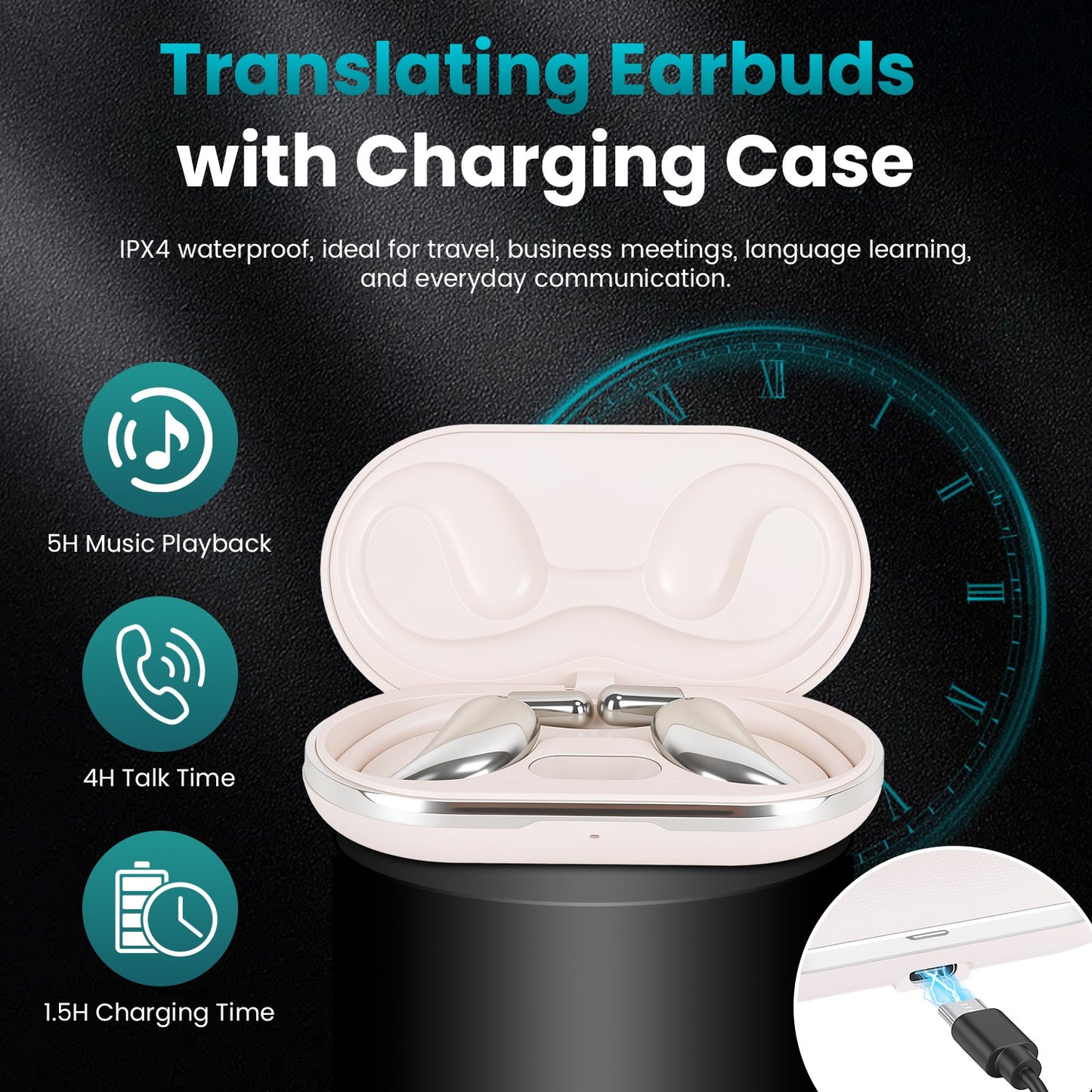 Open-Ear AI Translation Earbuds 165-Language Real-Time AI Headphone Wireless 5.4 Translating Earbuds With Charging Case For Travel Meetings Language Learning