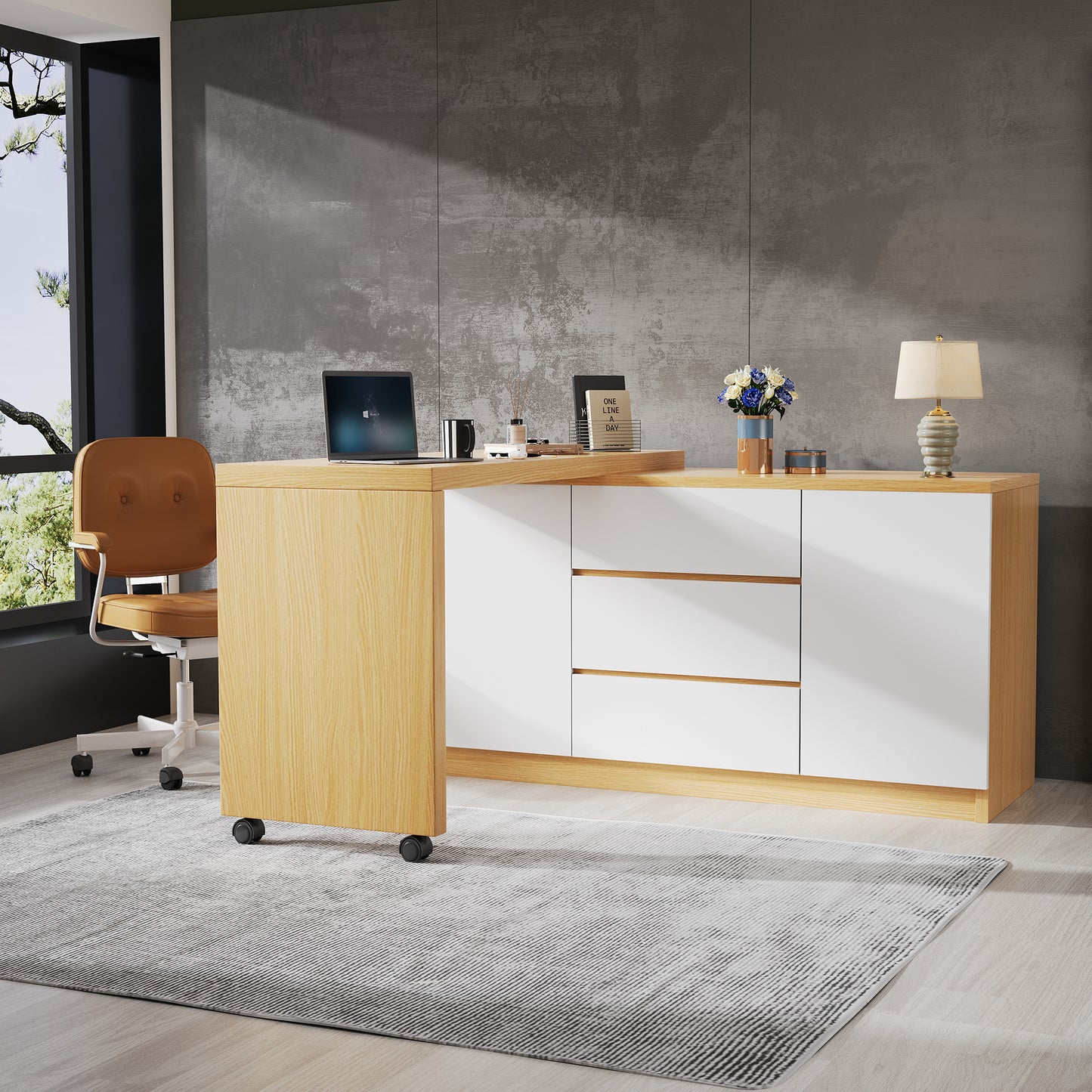 Desk With Lockable Castors  Multifunctional Design, 4 Cm Thicker, Swivel Table Top, Firmly Lockable, White Oak, Foldable Desk, Corner Desk, Sideboard, Thick Material