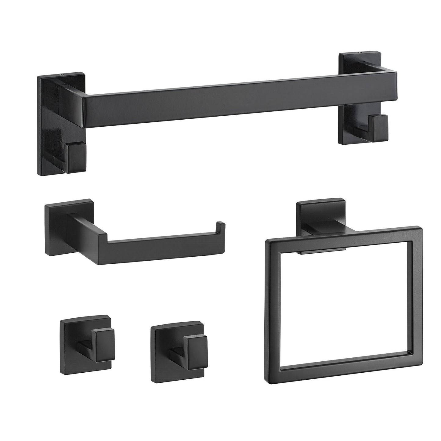 Matte Black Bathroom Hardware Set, 5 Pieces Bathroom Accessories Set, Stainless Steel 16 Inch Towel Bar, Towel Rack, 2 Robe Towel Hooks, Toilet Paper Holder For Bath Room, Wall Mounted