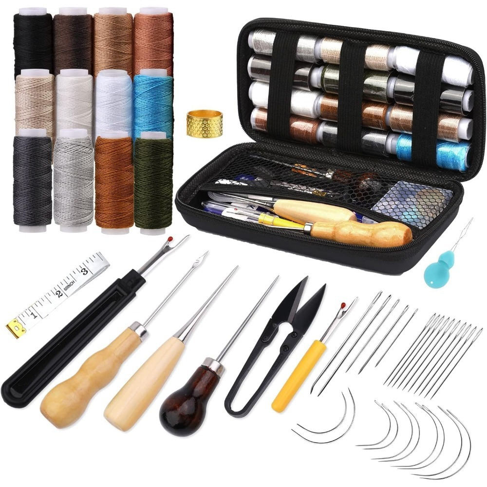Leather Sewing Kit—Complete Set With 25 Needles, Tools, And A Pouch For Repairs And Crafts—Accessories For Hand Tools