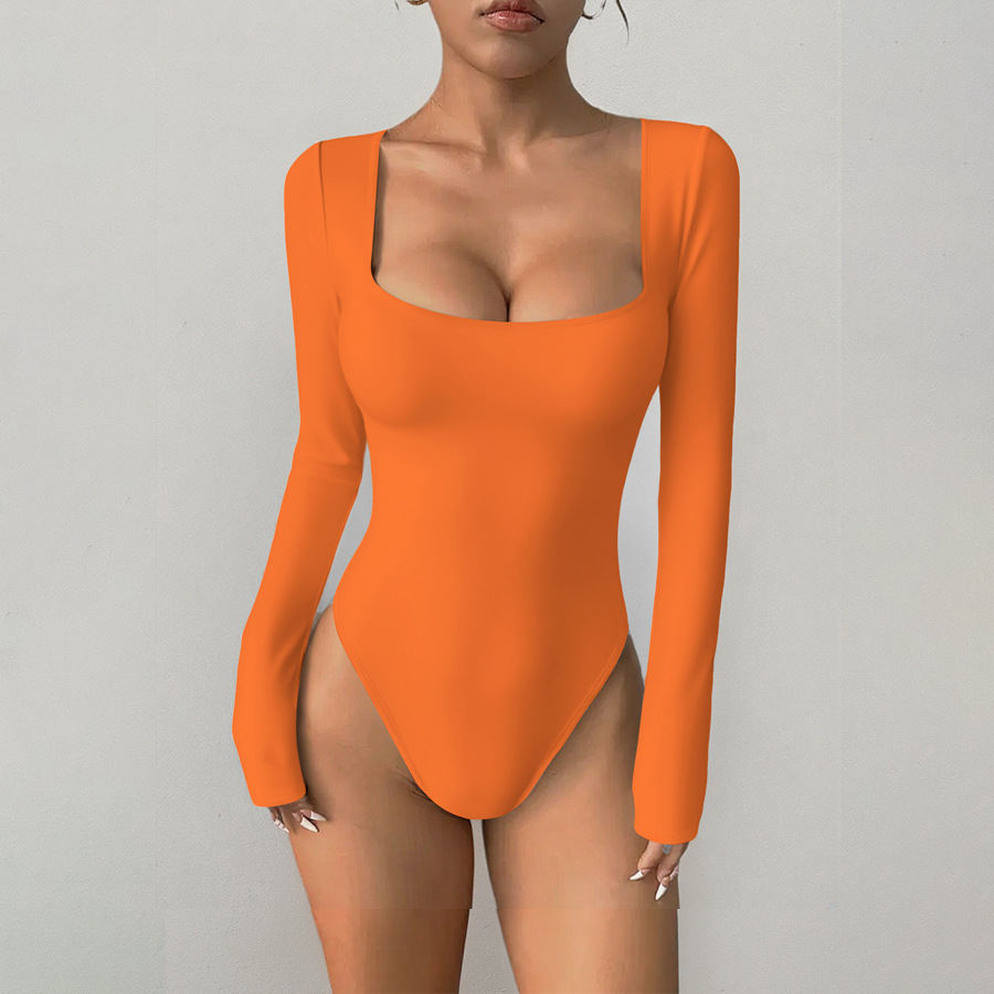 Women Square Neck Long Sleeve One-Piece Yoga Bodysuit Stretchy Tight Integrated Jumpsuit Fitness Workout Outfit