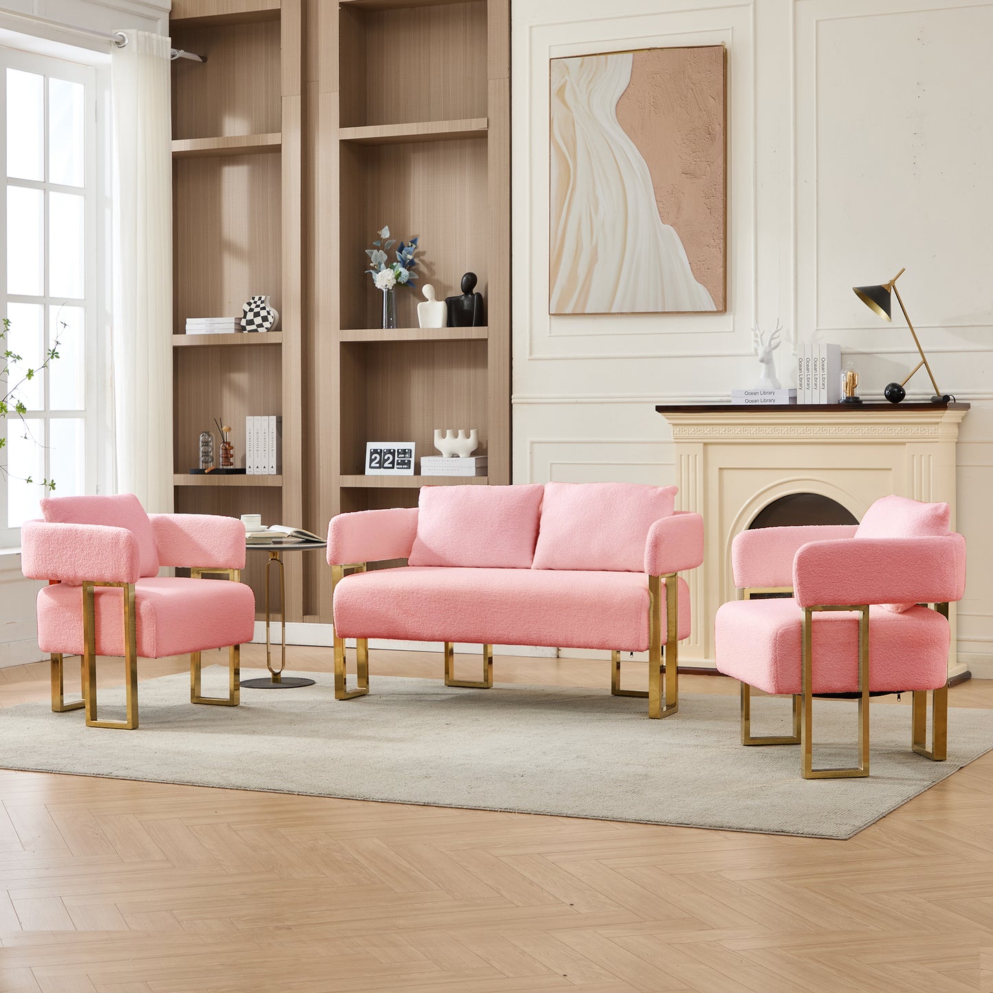 TS Modern Decorative Chair, Living Room Side Chair With Gold Metal Legs, No Wheels, Suitable For Dressing Area, Reception Room, Office,Teddy Fleece Upholstered Metal Foot Sofas   Combo Set