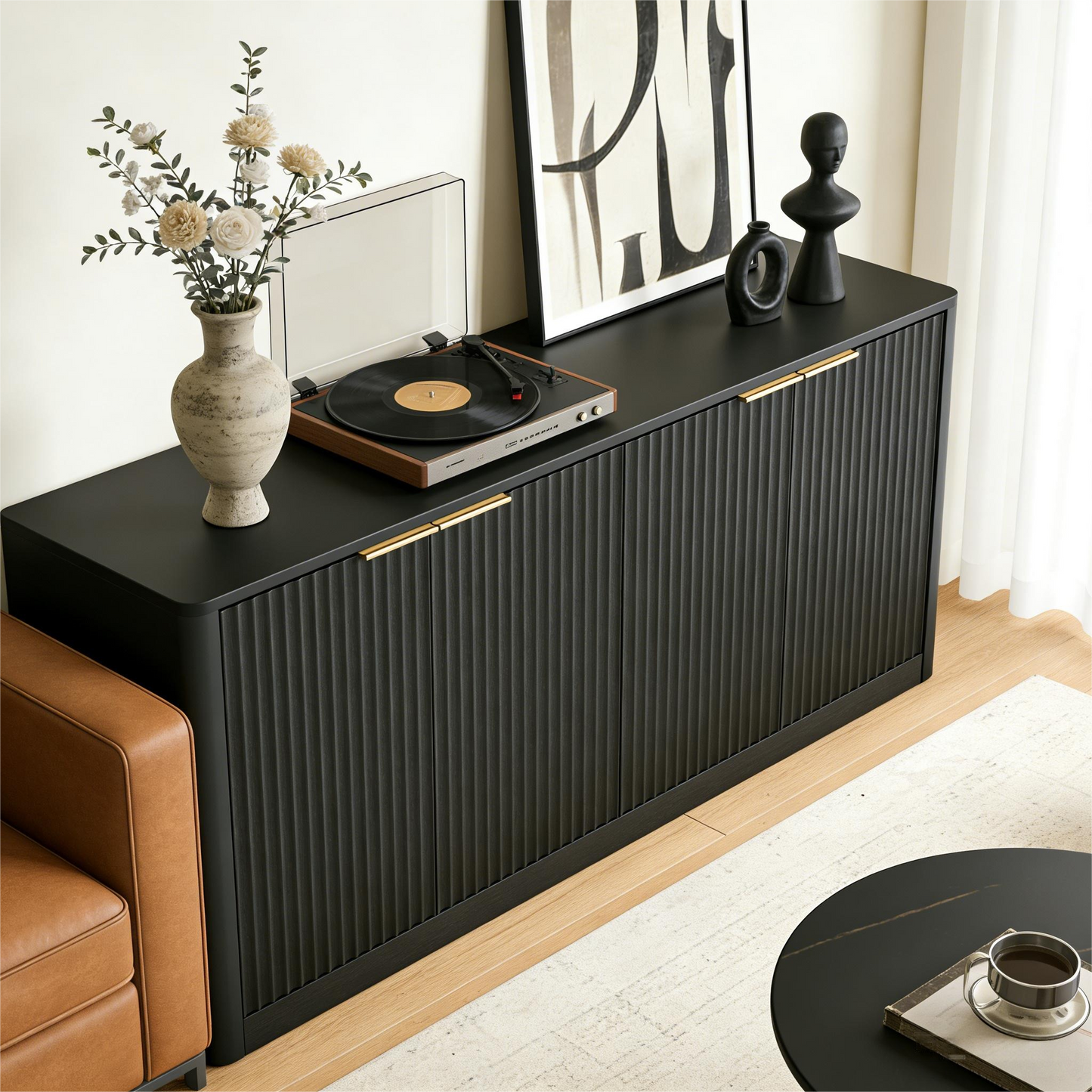 150cm Modern Sideboard With Wave Shape,Storage Cabinet With Curved Contour Design,4 Door Cabinet With Storage Function,Suitable For Kitchen Bedroom Living Room,Black,150x40x70.5cm