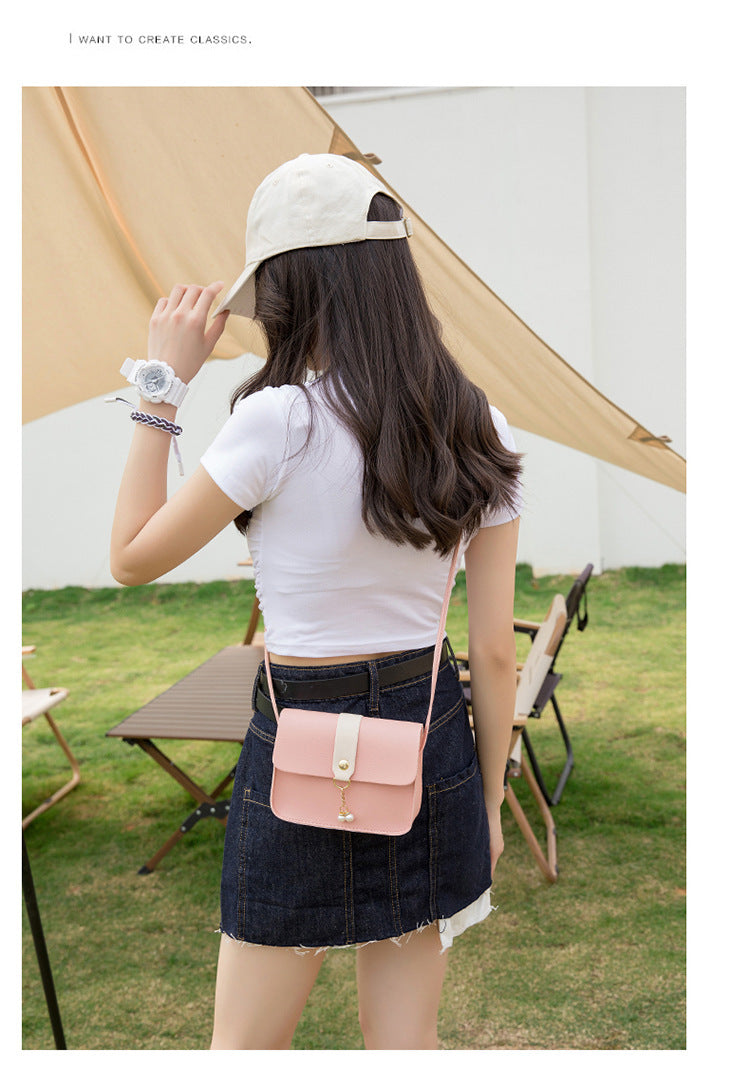 Casual Daily Small Shoulder Bag, Ladies Color Block Phone Crossbody Bag, Elegant Pearl Decor Mini Handbag