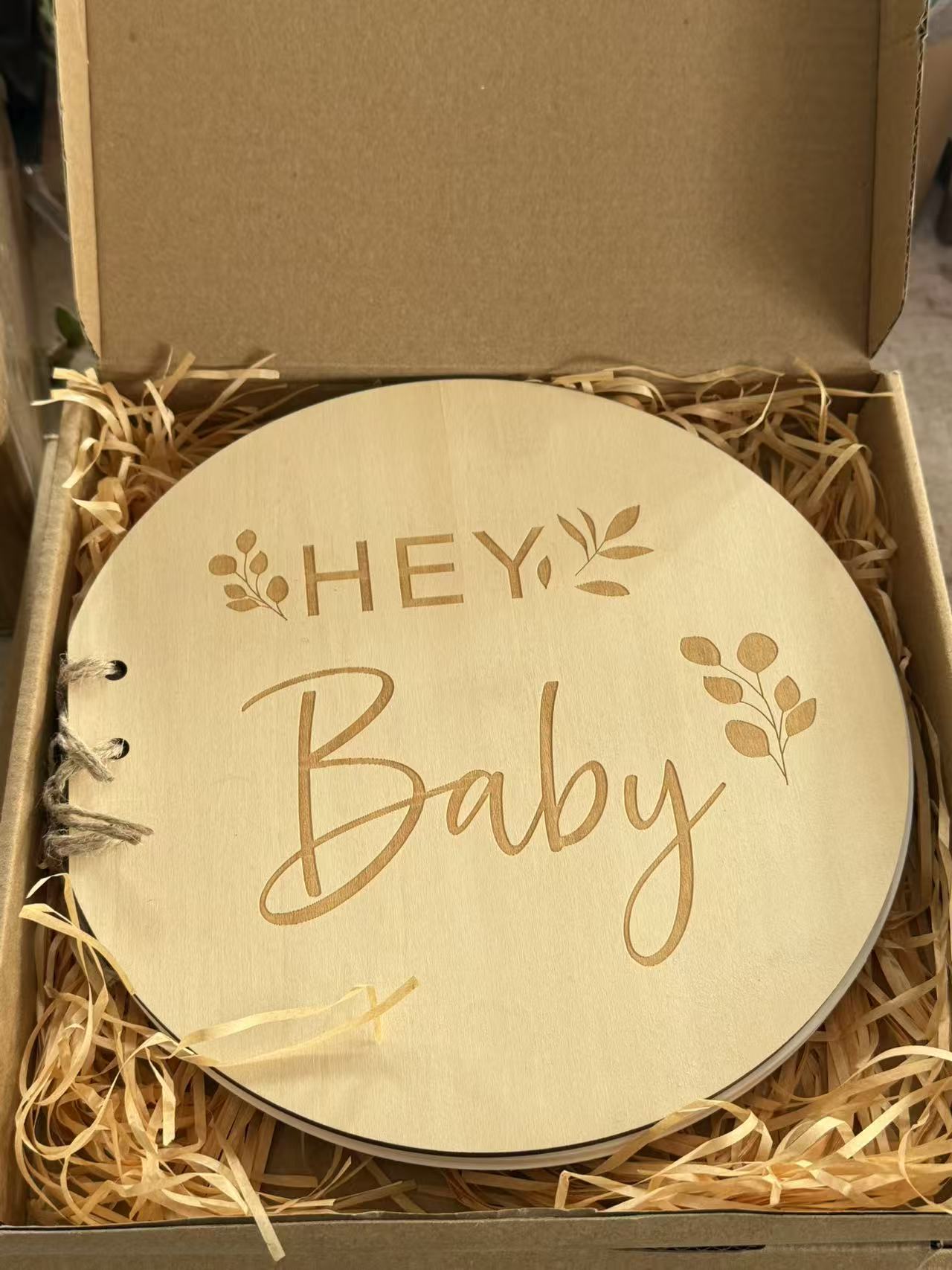 Round Wooden Hey Baby Guest Book, Laser Engraved Floral Baby Shower Signature Book, Natural Wood Baby Baptism Sign-in Book For Gender Reveal Party Decor