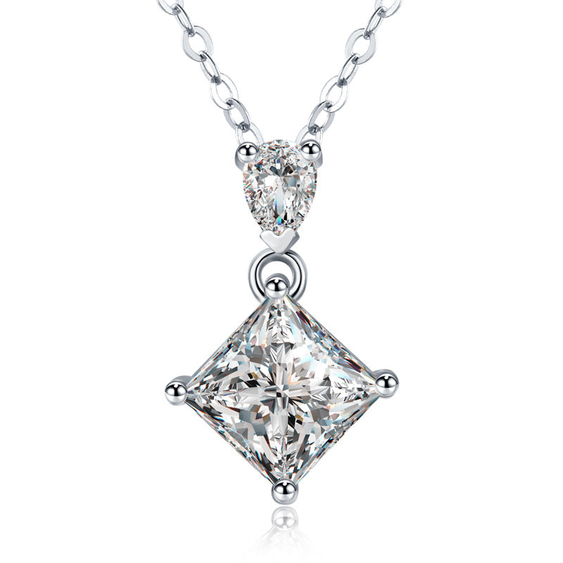 S925 Sterling Silver Princess & Pear Cut Two-Stone Necklace, 1ct D-VVS1 Moissanite Pendant, Platinum Plated 40&45cm Chain, GRA Certified Women's Jewelry Gift Box