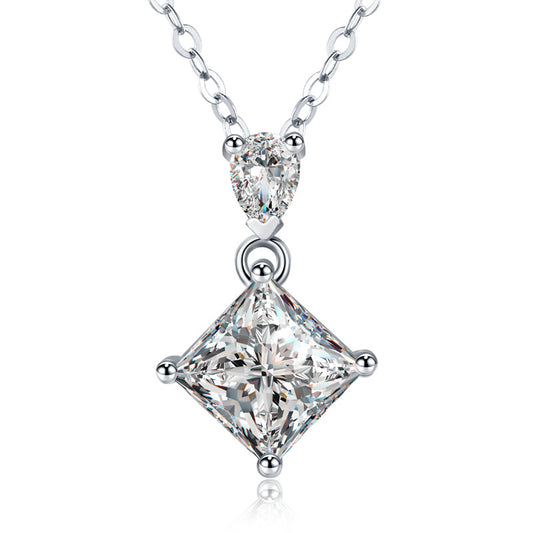 S925 Sterling Silver Princess & Pear Cut Two-Stone Necklace, 1ct D-VVS1 Moissanite Pendant, Platinum Plated 40&45cm Chain, GRA Certified Women's Jewelry Gift Box