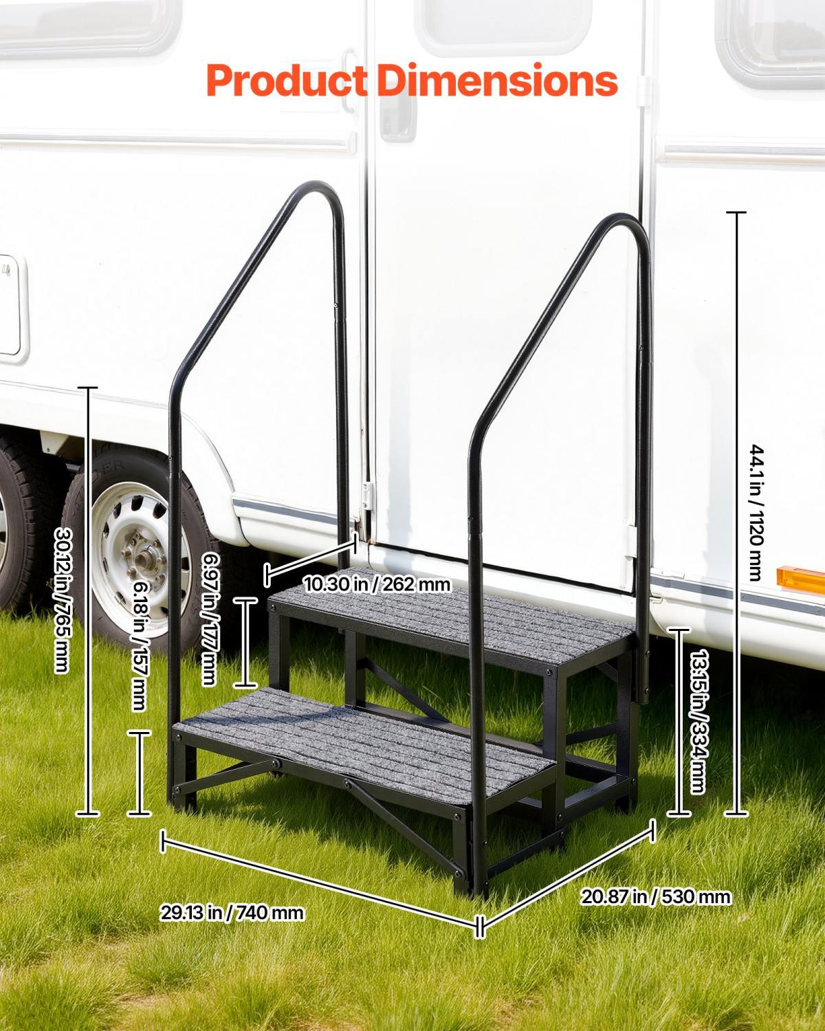 RV Steps With Dual Handrails, 2 Steps, 660 Lbs Load Capacity, Heavy Duty Outdoor RV Stairs With Non-Slip Mat For Elderly/Pets, Portable Stairs For Hot Tub, Camper, Mobile Home, Porch, Pool, SPA
