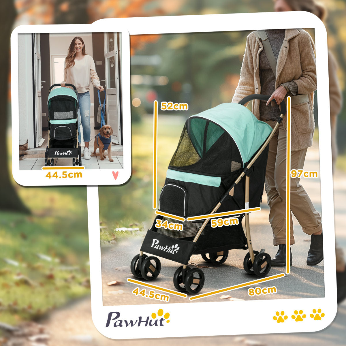PawHut Pet Stroller For Small And Miniature Dogs, With Rain Cover - Green