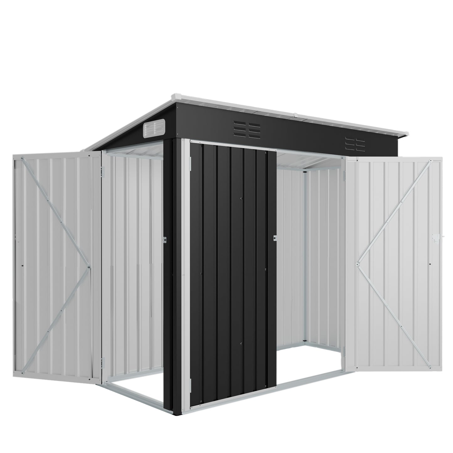 4 X 8 FT Galvanized Steel Outdoor Storage Shed With 3 Access Doors, Ventilated Weatherproof Metal Utility Shed For Garden Tools, Bikes & Patio Equipment,Black 3.58x7.41 Ft