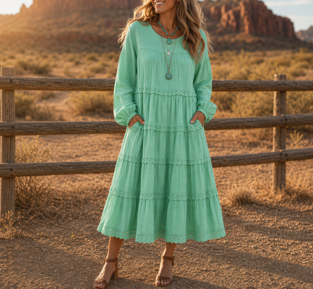 New European And American-style Solid-color Plus-size Long-sleeve Loose-fitting Dress