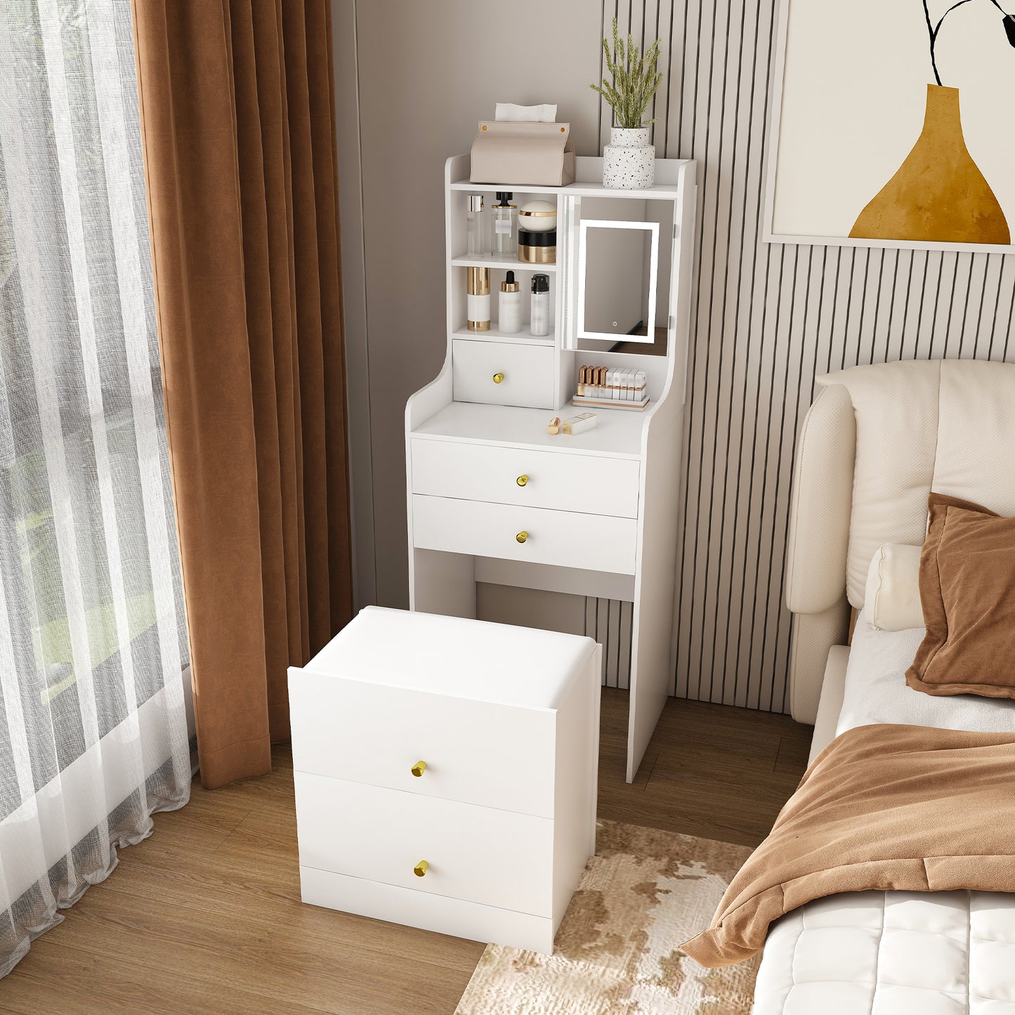 3-in-1 Dressing Table With LED Mirror & Storage Stool - Compact Makeup Vanity With 4 Drawers  Storage Cabinet & Hidden Stool  White Density Board Design  Open Bookshelf For Bedroom Organization