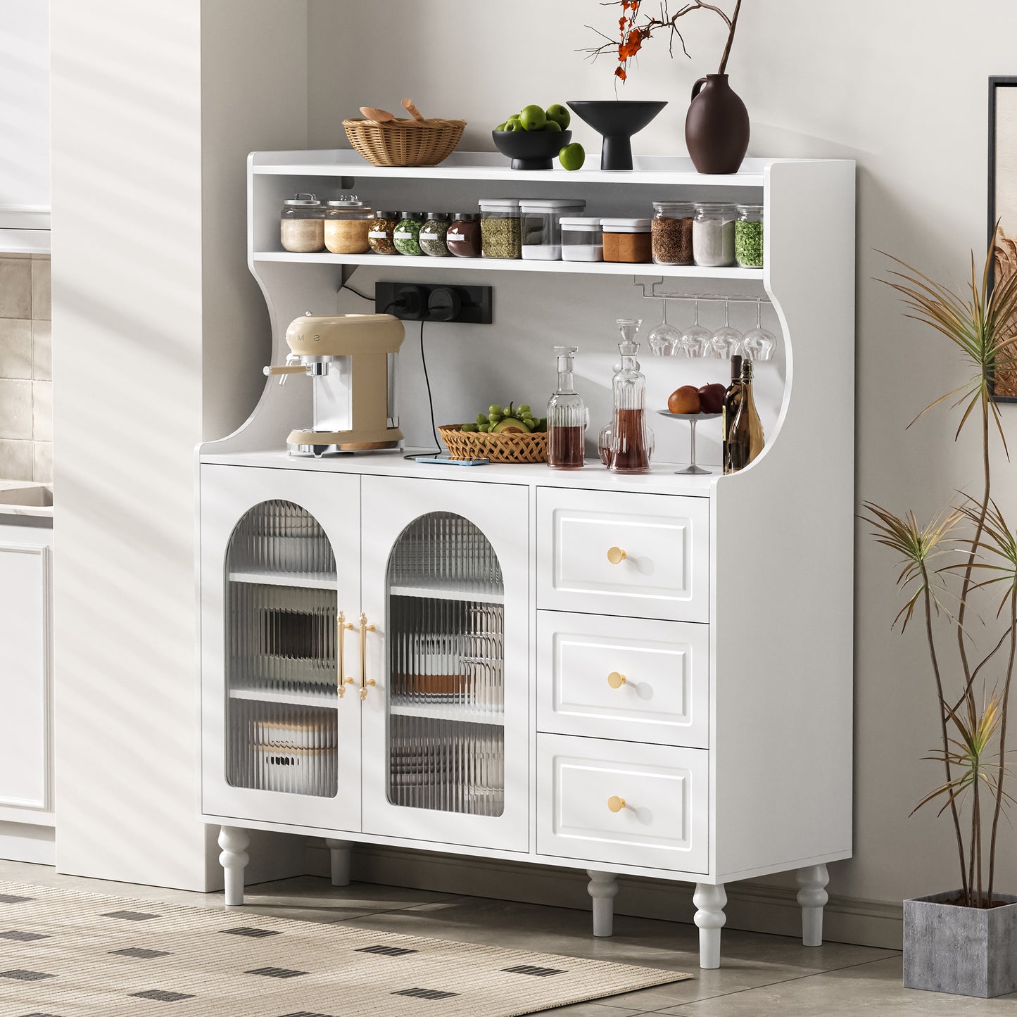 Tall Cabinet With Sockets And Drawers, Bar Cabinet With Wine Glass Holders And Storage Space, Kitchen Buffet Cabinet With Adjustable Layered Shelves, Ideal For Kitchen And Dining Room  White