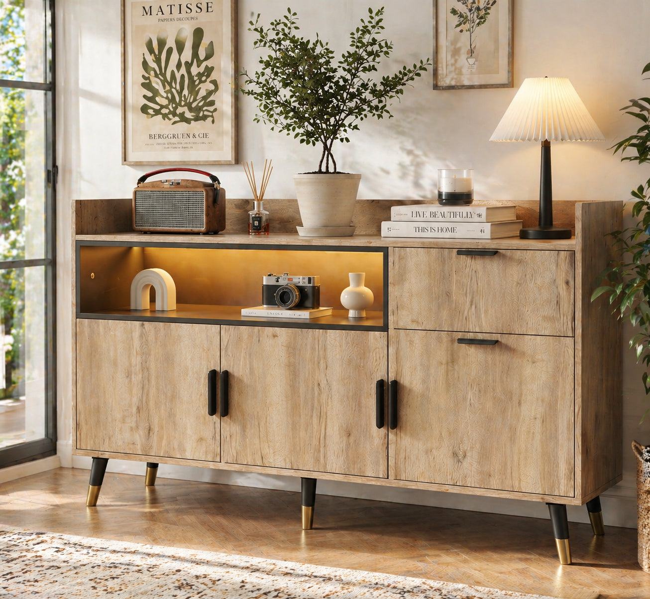 Modern Minimalist Sideboard  Open Shelves, Practical Drawers, Swinging Doors On Both Sides. With Low-noise Rails And Sturdy Wooden Frame  Suitable For Living Room, Dining Room And Office.