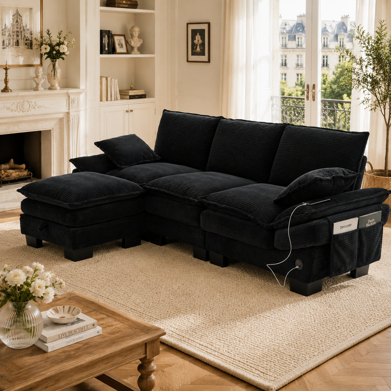 Modular 3-seater Corduroy Sofa  With 1 Stool Wide Seat, Ergonomic Design, High-density Foam Padding, USB-C Port And Side Pockets. Ideal For The Living Room, Office Or Lounge.Black