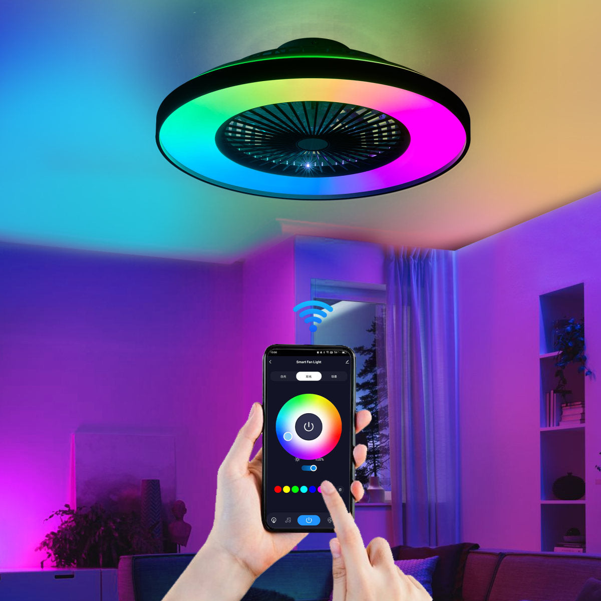23-inch Black Ceiling Fan Light With LED RGB   Dimmable & Color-Changing, APP & Remote Control, Modern Smart Ceiling Fan For Living Room, Bedroom, And Dining Room  Silent 6-Speed Reversible DC Motor
