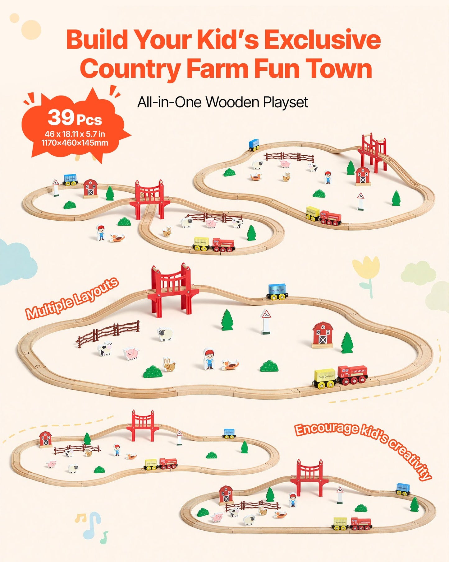 Wooden Train Set, 39PCS, Wood Train Track With Magnetic Trains And Railway Accessories, Compatible With Major Brands, Small Town, Christmas Birthday Toy For Kids Toddlers Ages 3-8 Boys And Girls