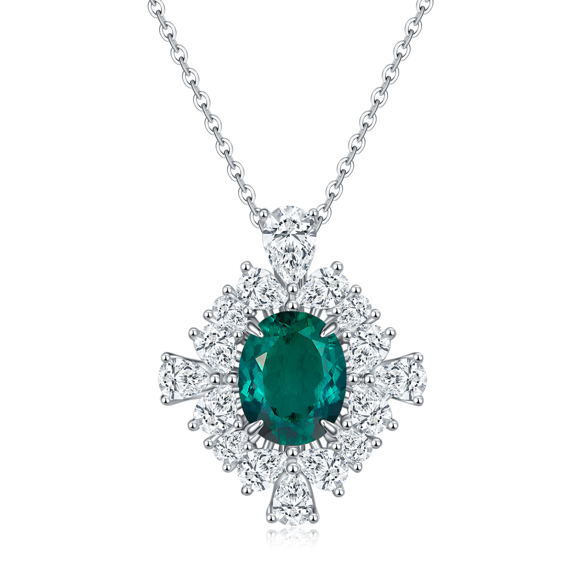 S925 Sterling Silver Floral Halo Pendant Necklace, 10x8mm Lab-Grown Ruby Sapphire Emerald, Platinum Plated 45cm Chain, 5g Gift Box
