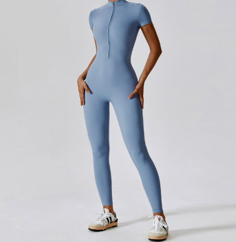 Zipper Short Sleeved Nude Yoga Jumpsuit For Women's Outerwear